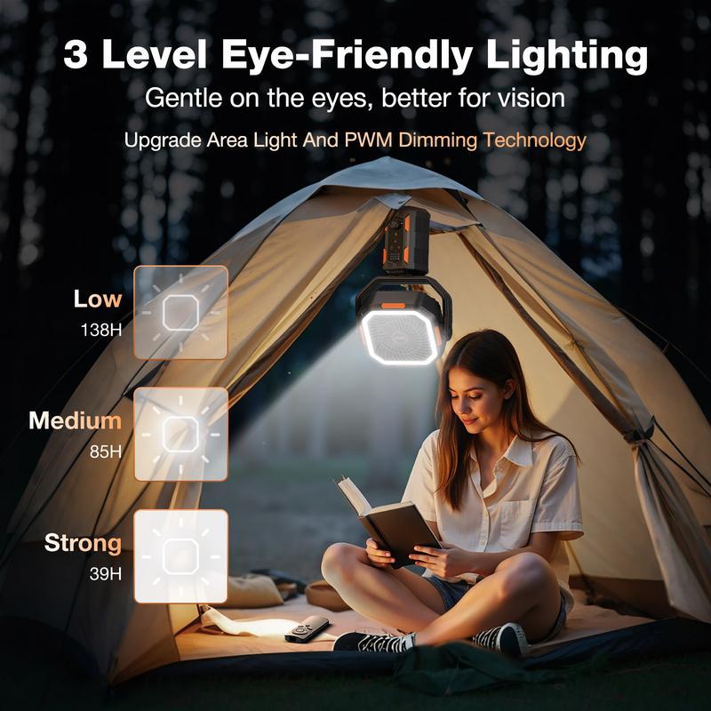 Campingfläkt med avtagbart stativ, uppladdningsbar fläkt på 30 000 mAh med LED-belysning och 270° svängbarhet, 4-i-1 sladdlös campingfläkt