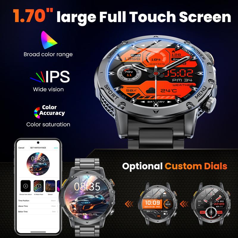 Militärinspirerad smartklocka för herrar med 1000 mAh-batteri, 1,91-tums AMOLED-skärm, LED-ficklampa/5 ATM vattentät fitnessklocka med telefonfunktion, över 110 träningslägen / pulsmätare / sömnmonitor / SpO2, iOS/Android