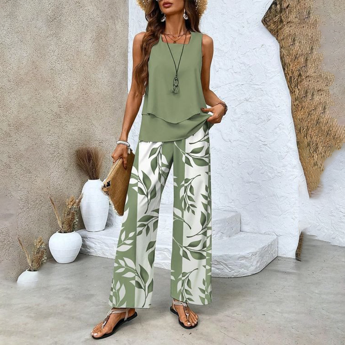 🌴 50% RABATT NU!👗 Damtrendigt Tryckt 2-Delars Set – Ärmlös Top & Byxor – Mühelös Semesterstil ✨