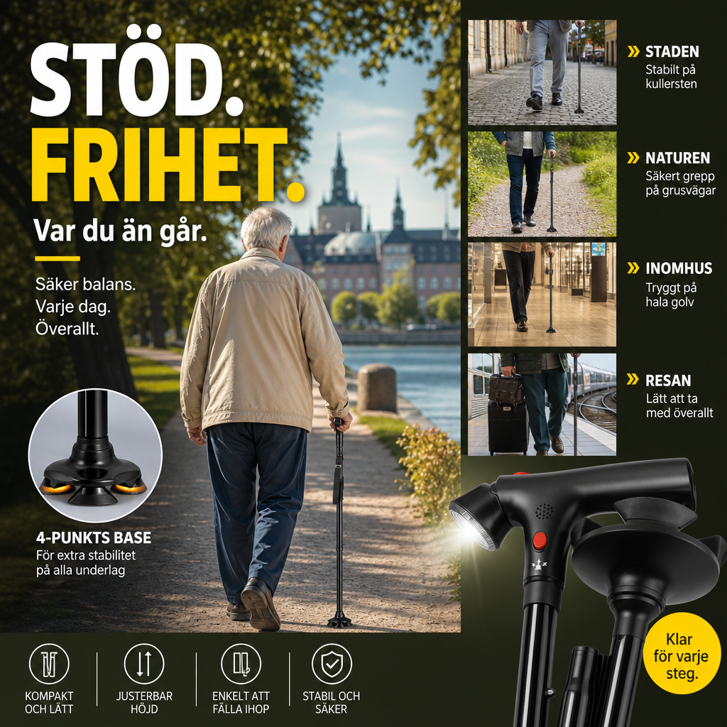 🦯 Multifunktionell hopfällbar promenadkäpp för äldre – Stabil & lätt, perfekt för vardagliga promenader och utomhus 👵👴