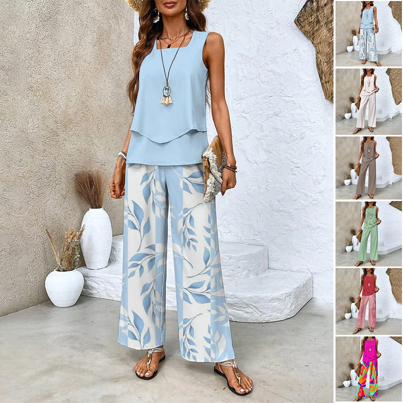 🌴 50% RABATT NU!👗 Damtrendigt Tryckt 2-Delars Set – Ärmlös Top & Byxor – Mühelös Semesterstil ✨
