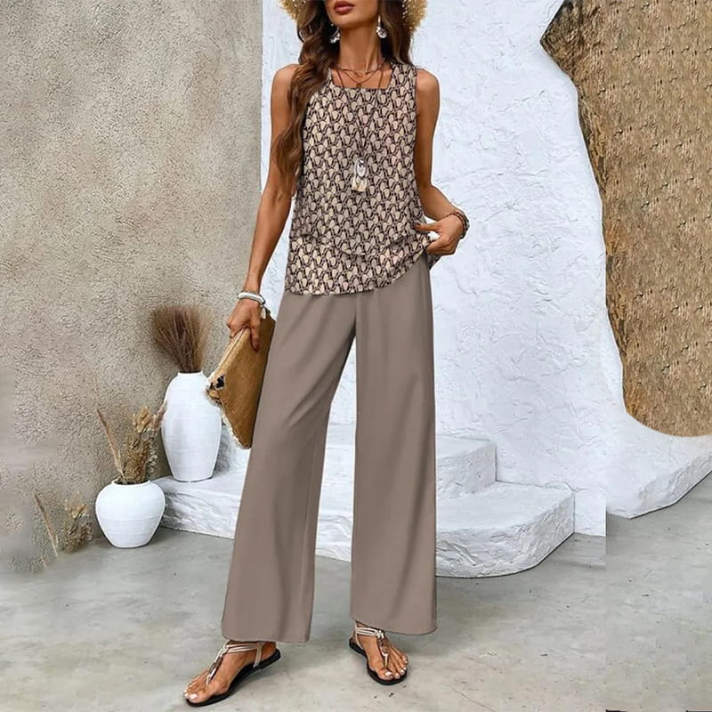🌴 50% RABATT NU!👗 Damtrendigt Tryckt 2-Delars Set – Ärmlös Top & Byxor – Mühelös Semesterstil ✨