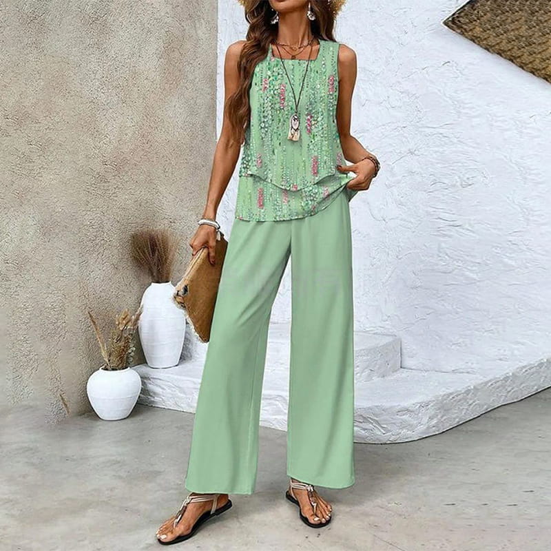 🌴 50% RABATT NU!👗 Damtrendigt Tryckt 2-Delars Set – Ärmlös Top & Byxor – Mühelös Semesterstil ✨