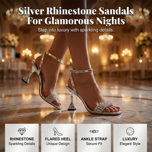 👠 50% RABATT NU! ✨ Rhingsten Ankelremssandaler med Skulpturklack – Glittrande Rem, Unik Klack & Fyrkantig Tå För En Perfekt Blandning Av Glamour & Komfort 💎