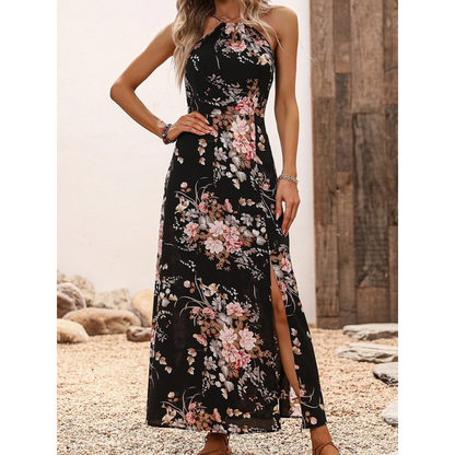 👗 BEGRÄNSAT ERBJUDANDE 50% RABATT! ✨ Blommig halterneckklänning – Elegant, med sidoslits, mångsidig 🌸