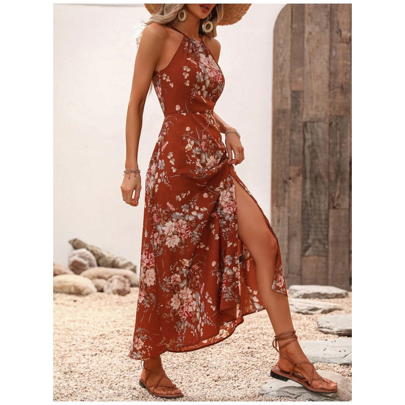 👗 BEGRÄNSAT ERBJUDANDE 50% RABATT! ✨ Blommig halterneckklänning – Elegant, med sidoslits, mångsidig 🌸