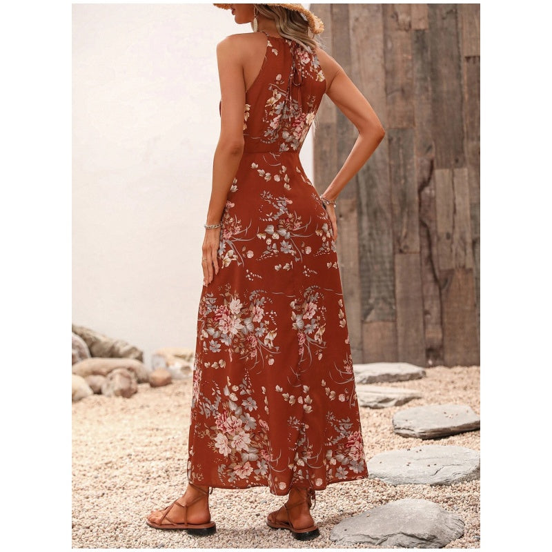 👗 BEGRÄNSAT ERBJUDANDE 50% RABATT! ✨ Blommig halterneckklänning – Elegant, med sidoslits, mångsidig 🌸