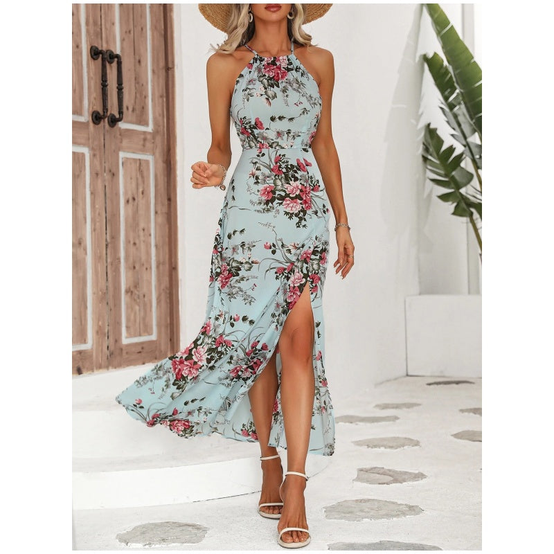 👗 BEGRÄNSAT ERBJUDANDE 50% RABATT! ✨ Blommig halterneckklänning – Elegant, med sidoslits, mångsidig 🌸