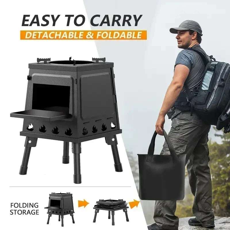 🔥 50 % RABATT NU! 🍳 Hopfällbar vedeldad campingugn i gjutjärn – 16 ventilationshål & hög värmeretention för matlagning och värme utomhus 🏕️