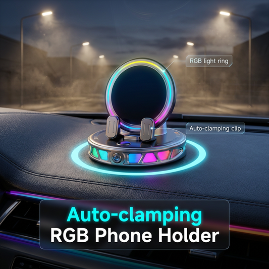 RGB Bilhållare med Trådlös Laddning – Intelligent Autoklämning, 15W Snabbladdning & 360° Rotation