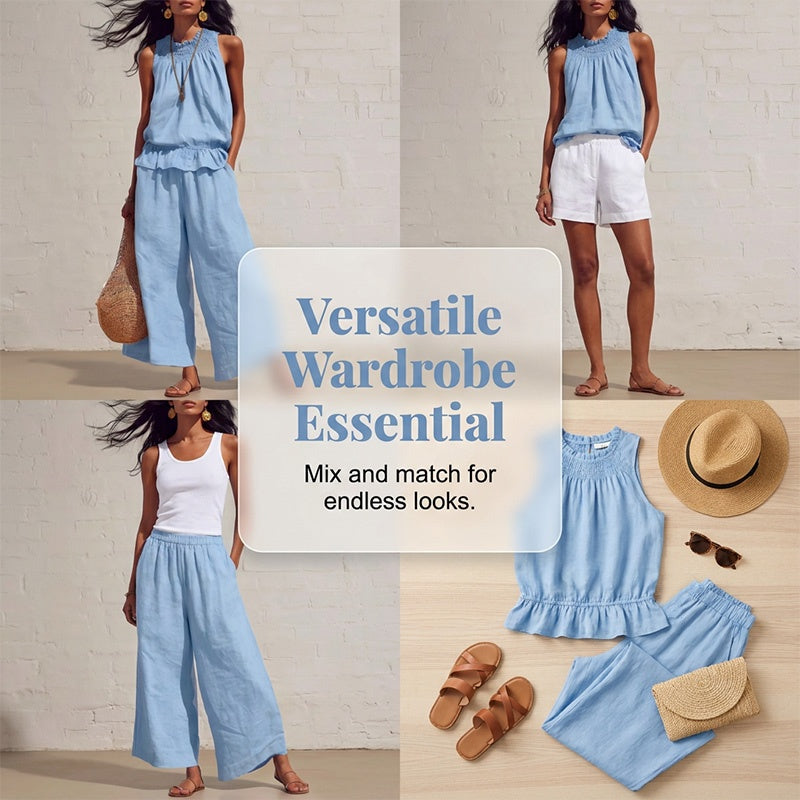 👗 50% RABATT NU! 🌺 Kvinnors 2-delat ärmlöst set – Smockad halsringning topp & vida byxor – Luftig semesterstil, mjuk & andningsbar – perfekt för varma sommardagar ✨