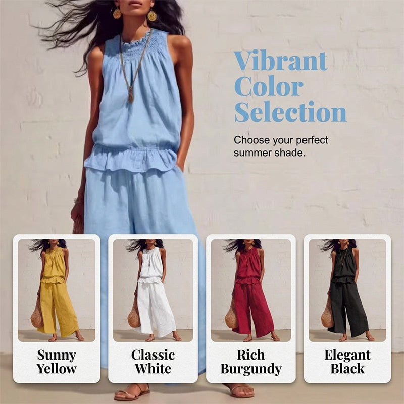 👗 50% RABATT NU! 🌺 Kvinnors 2-delat ärmlöst set – Smockad halsringning topp & vida byxor – Luftig semesterstil, mjuk & andningsbar – perfekt för varma sommardagar ✨