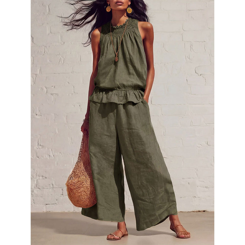 👗 50% RABATT NU! 🌺 Kvinnors 2-delat ärmlöst set – Smockad halsringning topp & vida byxor – Luftig semesterstil, mjuk & andningsbar – perfekt för varma sommardagar ✨