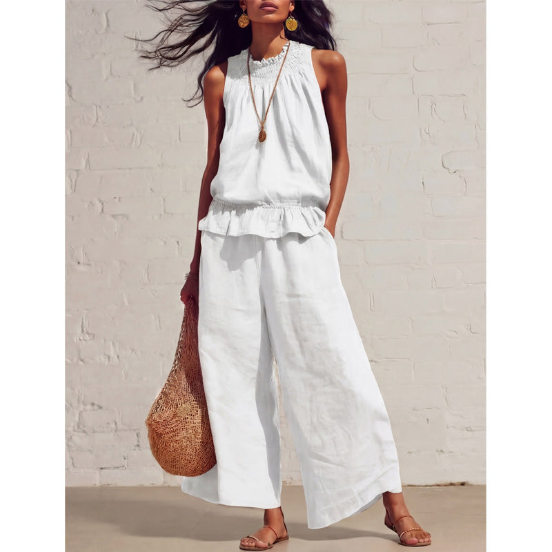 👗 50% RABATT NU! 🌺 Kvinnors 2-delat ärmlöst set – Smockad halsringning topp & vida byxor – Luftig semesterstil, mjuk & andningsbar – perfekt för varma sommardagar ✨