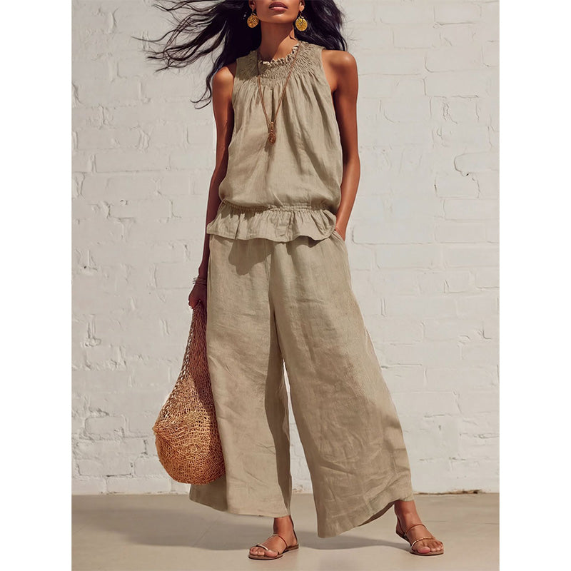 👗 50% RABATT NU! 🌺 Kvinnors 2-delat ärmlöst set – Smockad halsringning topp & vida byxor – Luftig semesterstil, mjuk & andningsbar – perfekt för varma sommardagar ✨