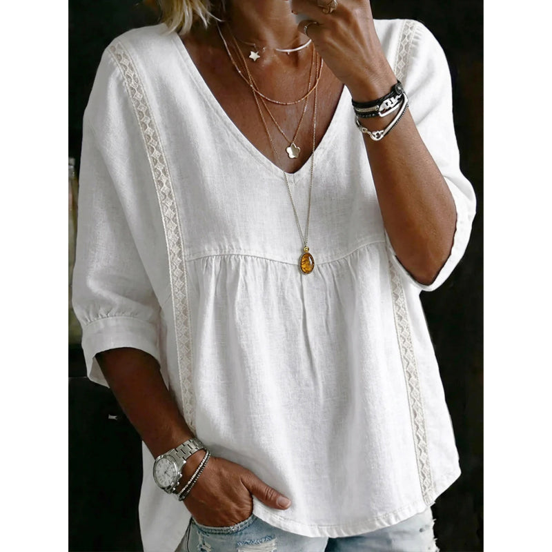 👚 50% RABATT NU! 🕊️ Kvinnors Casual V-ringad Spetskant Topp – Kejsarskuren, Lättvikt & 3/4 Ärmar – Flödande, Andningsbar & Romantisk ✨