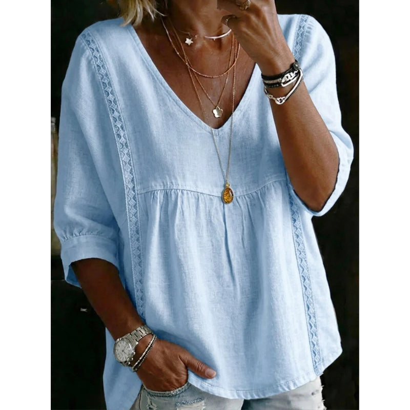 👚 50% RABATT NU! 🕊️ Kvinnors Casual V-ringad Spetskant Topp – Kejsarskuren, Lättvikt & 3/4 Ärmar – Flödande, Andningsbar & Romantisk ✨