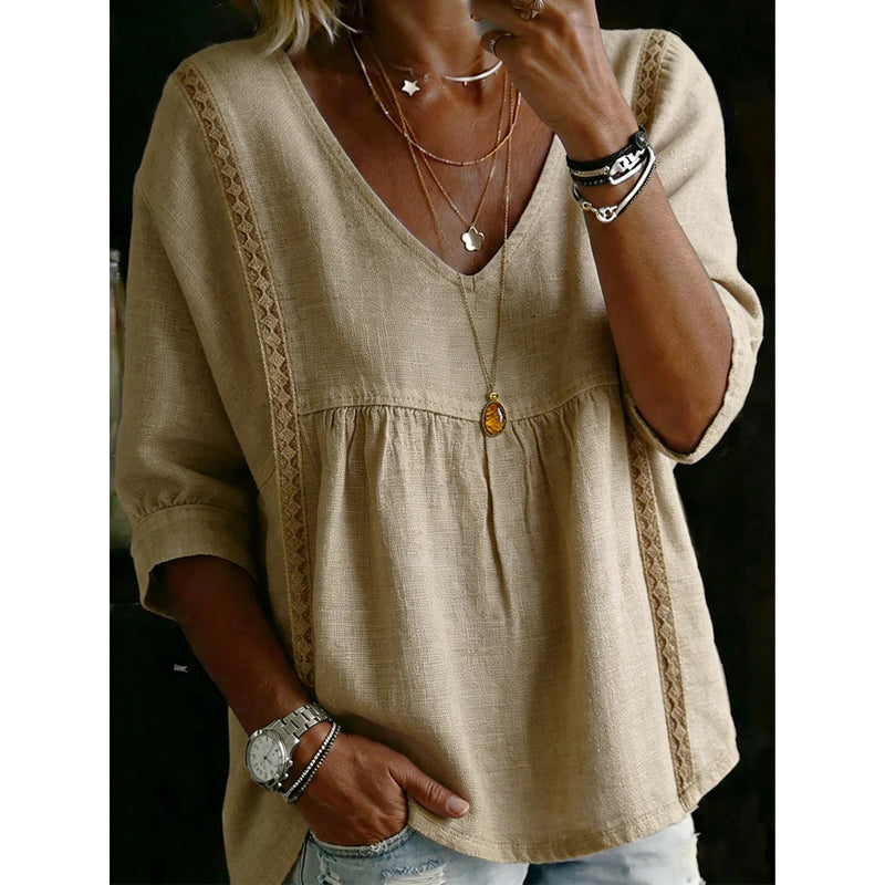 👚 50% RABATT NU! 🕊️ Kvinnors Casual V-ringad Spetskant Topp – Kejsarskuren, Lättvikt & 3/4 Ärmar – Flödande, Andningsbar & Romantisk ✨