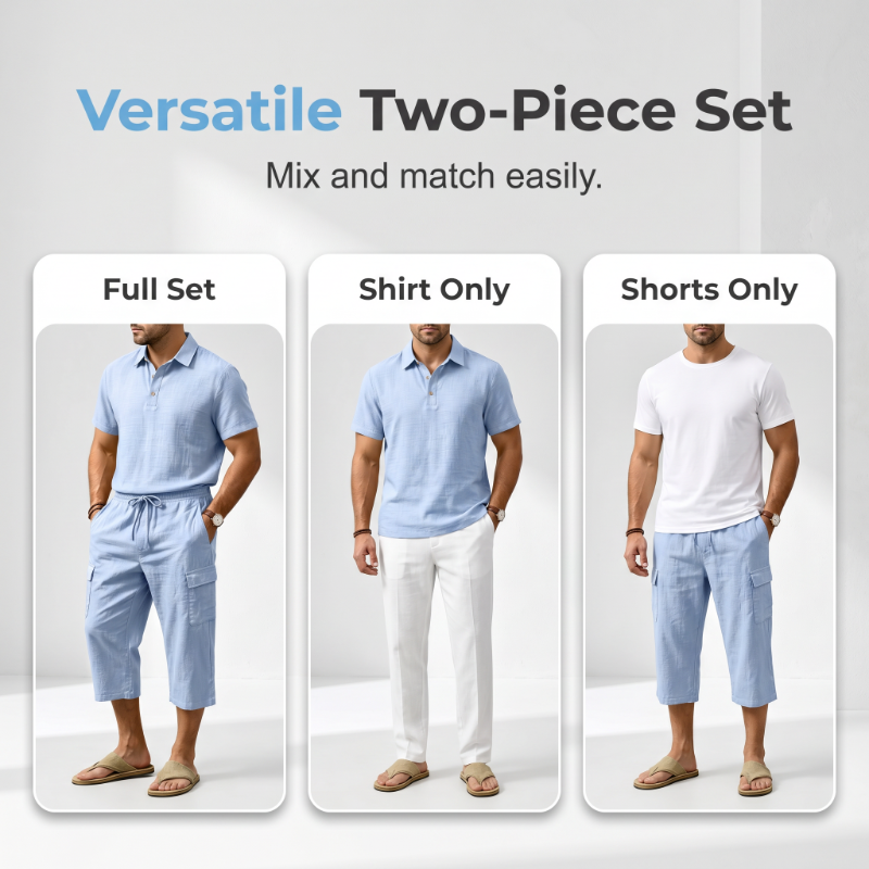 👔 50% RABATT NU! ☀️ Men Summer Linen Set – Loose Shirt & Cargo Shorts – Andningsbart & Stilrent – Perfekt för Sommaren 🌊