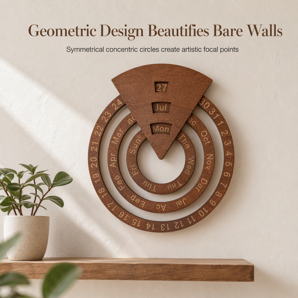 📅 50 % RABATT NU! 🌳 Roterande evighetskalender i massivt trä – taktila ringar & geometrisk design för väggen ✨