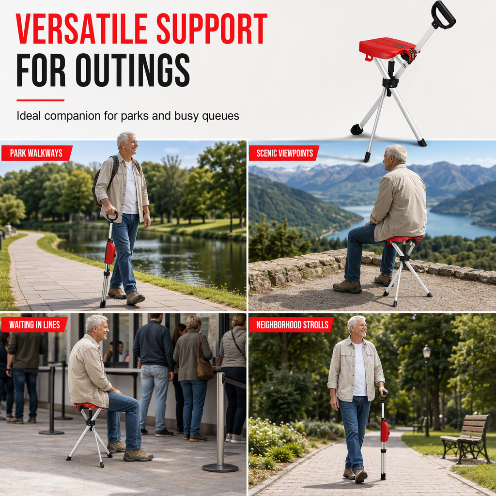 Bärbar hopfällbar käppstol med sits – Halkfri promenadkäpp och pall för seniorer & friluftsliv