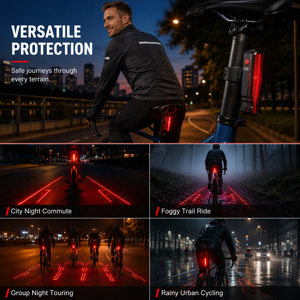🚴 TIDSBEGRÄNSAT ERBJUDANDE: 50 % RABATT! 🔴 Uppladdningsbar baklampa för cykel – laservarning, IPX5-vattenskydd, USB-laddning 💡