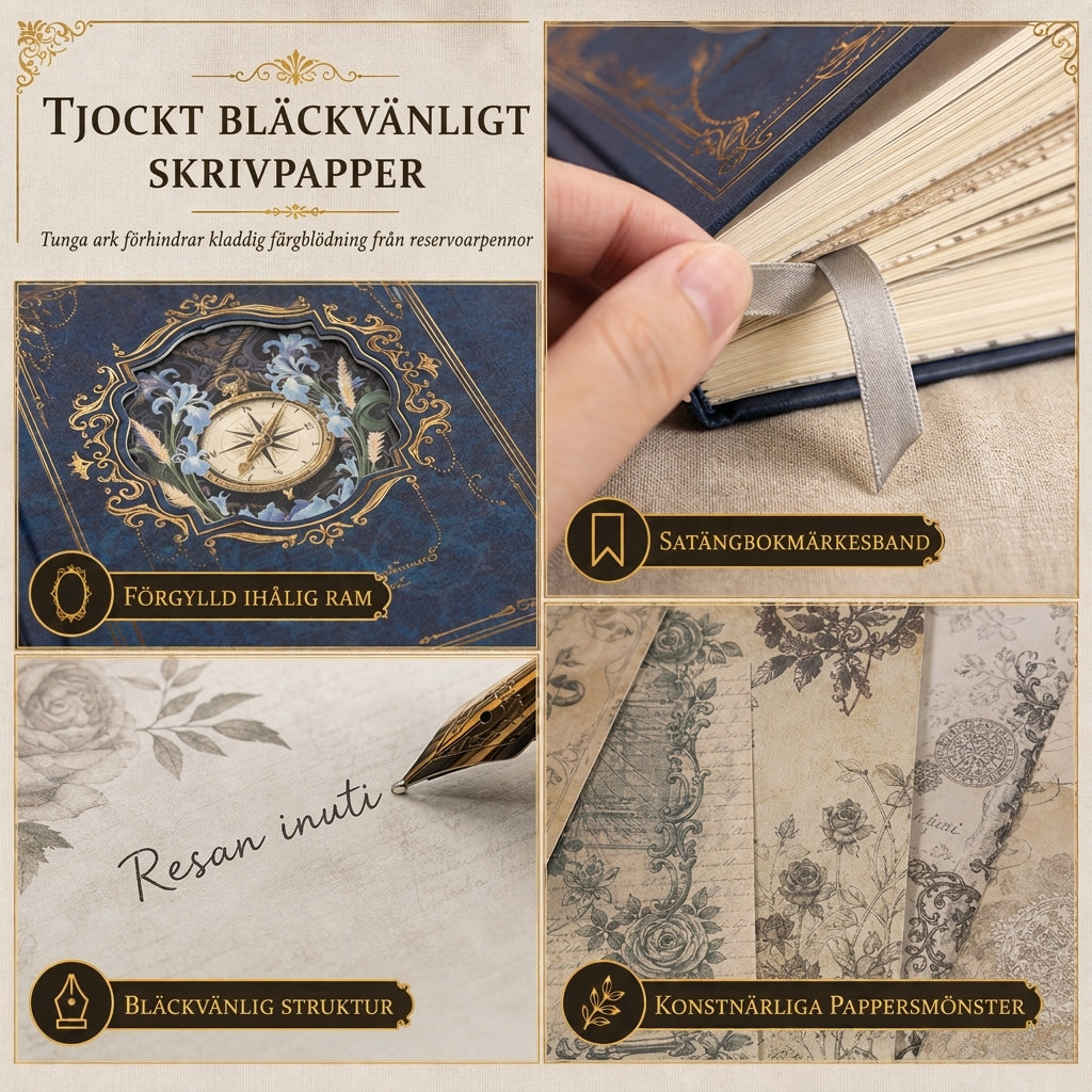📜 50% RABATT 📖 Europeisk vintage anteckningsbok, hårt ihåligt omslag, guldfolie & färgillustrationer