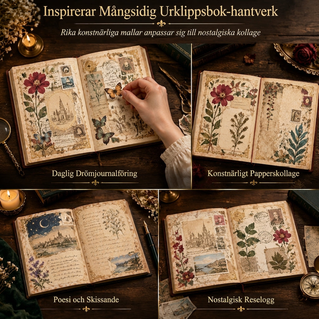 📜 50% RABATT 📖 Europeisk vintage anteckningsbok, hårt ihåligt omslag, guldfolie & färgillustrationer