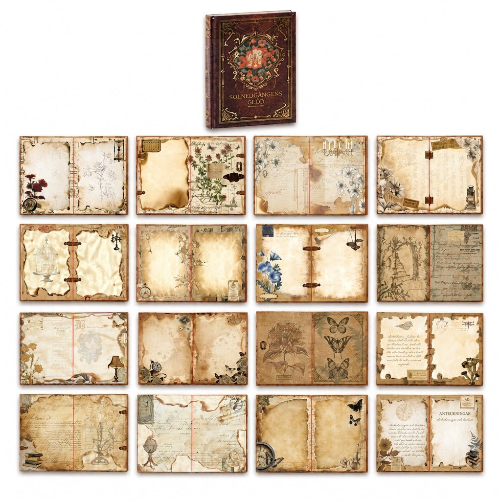 📜 50% RABATT 📖 Europeisk vintage anteckningsbok, hårt ihåligt omslag, guldfolie & färgillustrationer