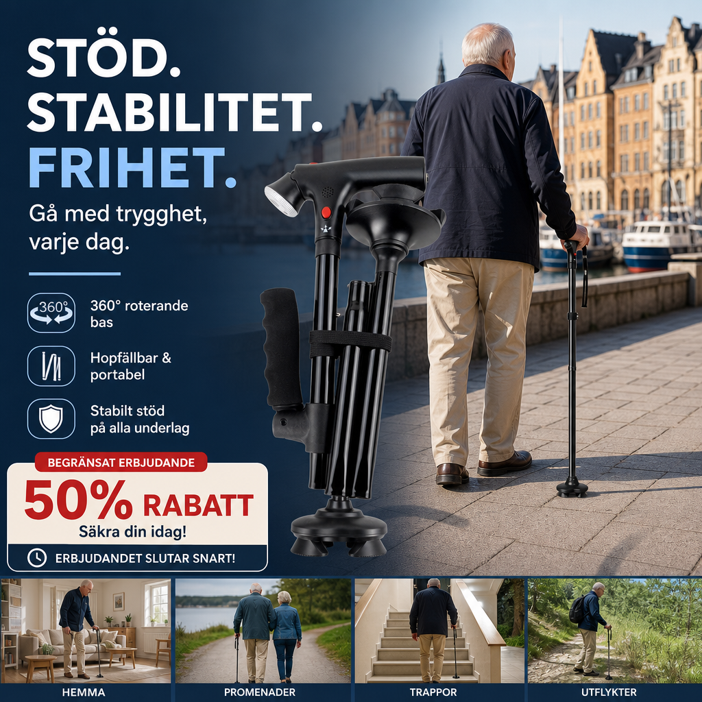 🦯 Multifunktionell hopfällbar promenadkäpp för äldre – Stabil & lätt, perfekt för vardagliga promenader och utomhus 👵👴